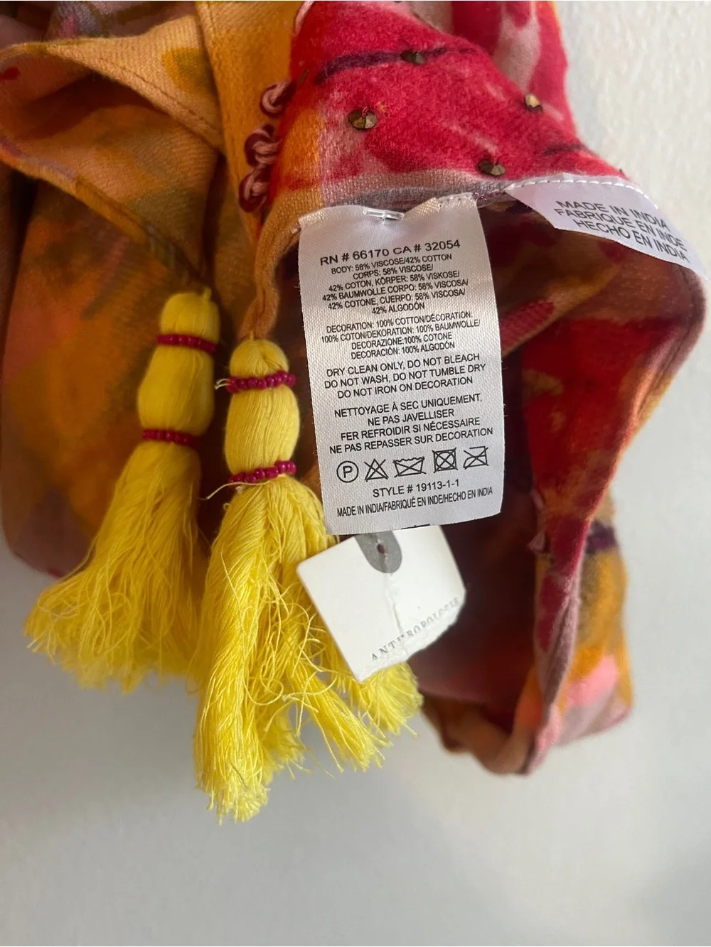 Anthropologie Sunshine Plaid Scarf Multicolor Floral Boho Embellish Tasseled